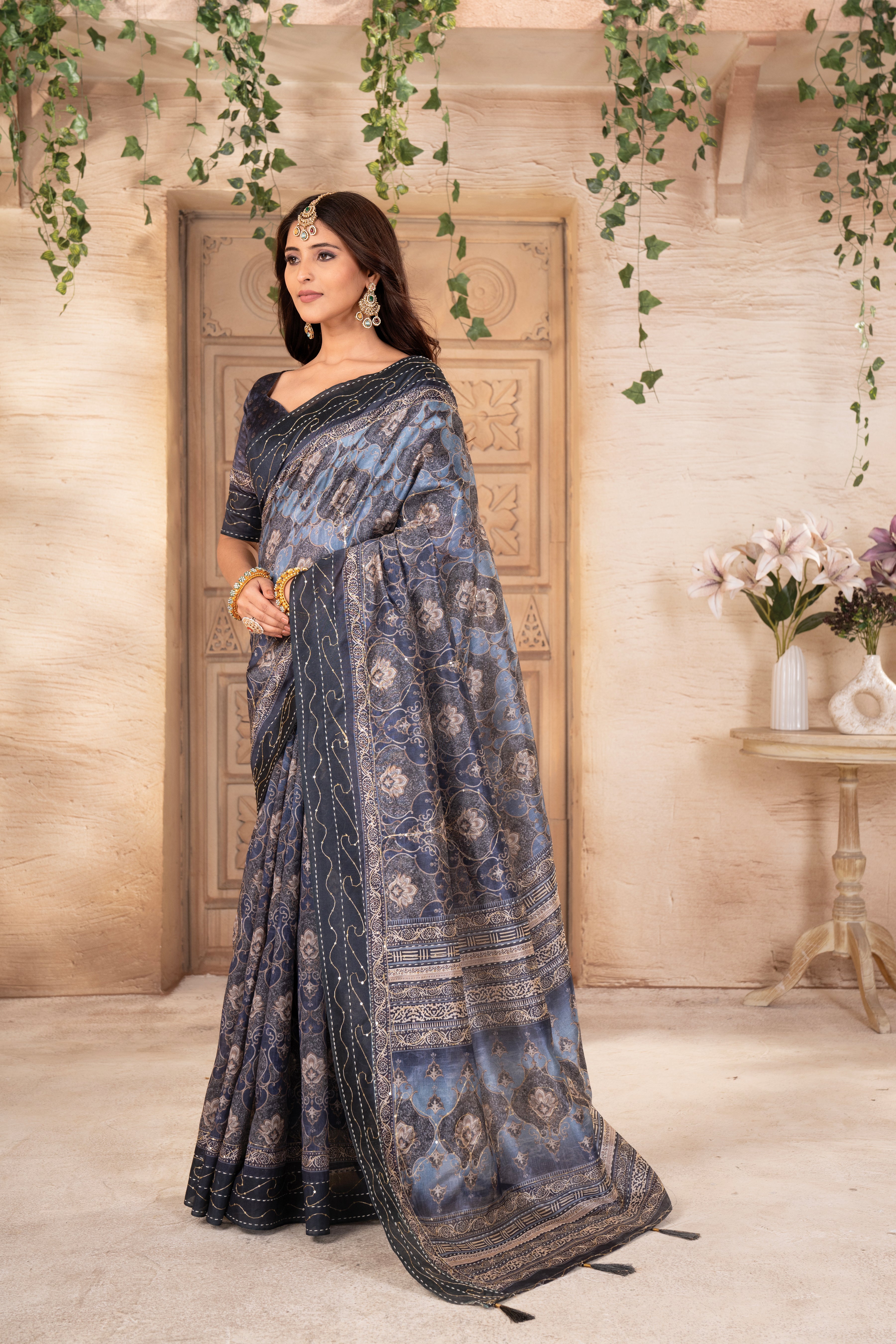 Grey Multi Tussar Silk Ajrak Saree